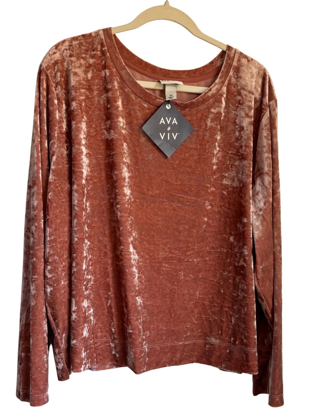 Ava & Viv Crushed Velvet Top Womens Plus 2X Dusty Pink Long Sleeve Crewneck NWT